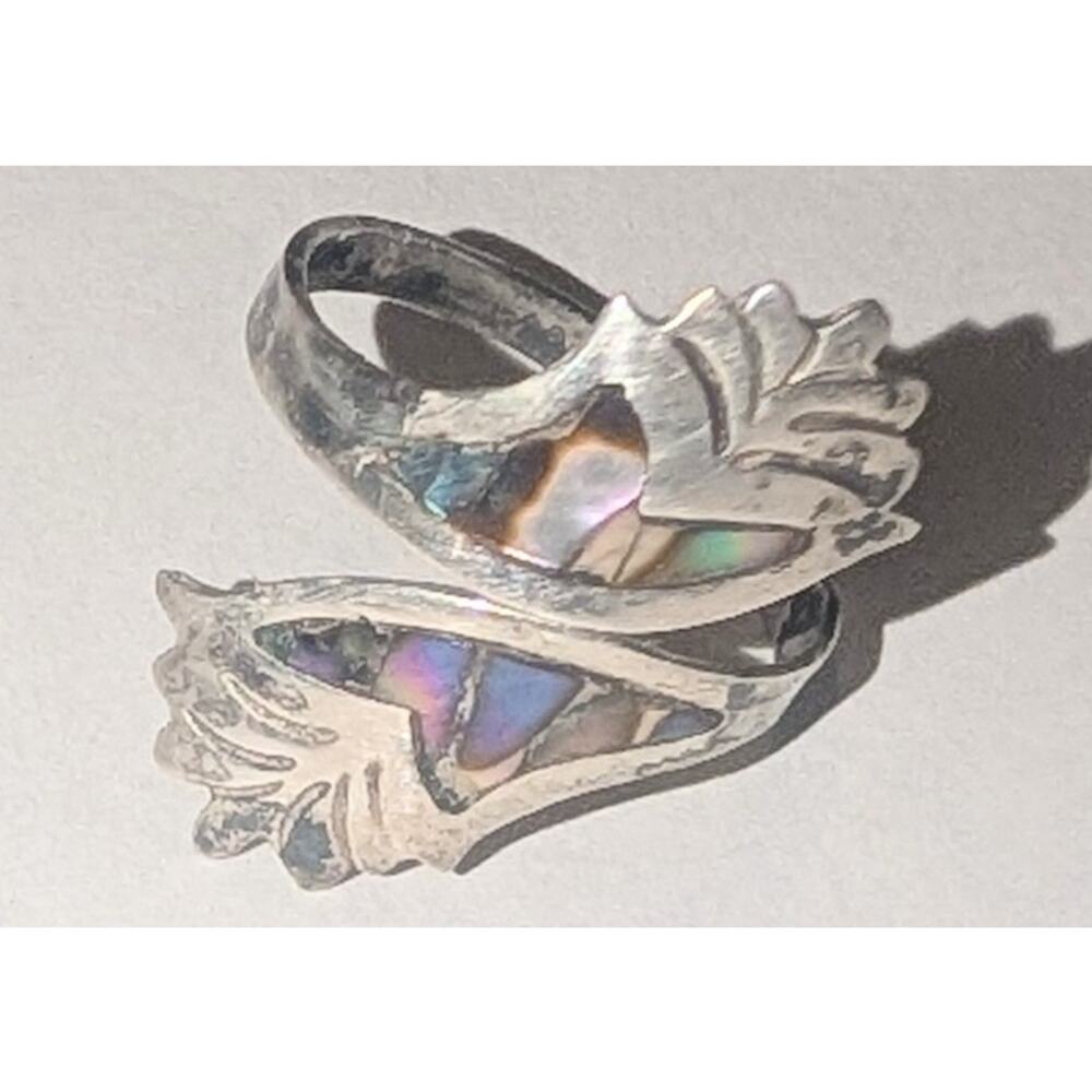 Sterling Silver Abalone Leaf Adjustable Bypass Ring Size 6 Vintage - Picture 6 of 10